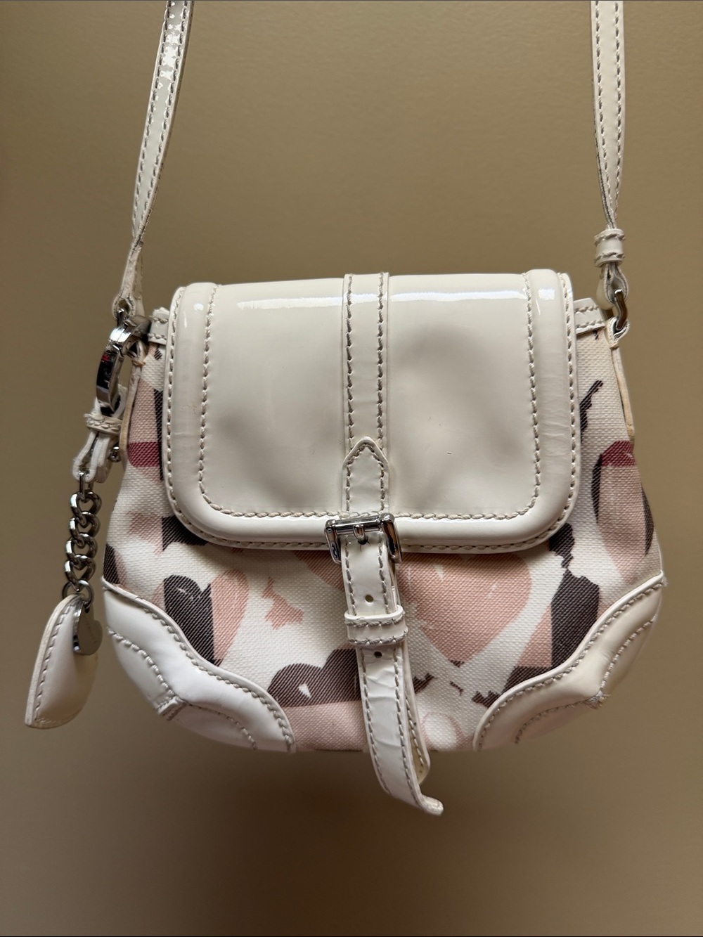 Burberry Cream White and Pink Heart Print Crossbody Bag